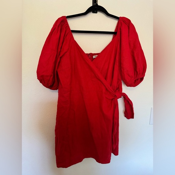 NEW Abercrombie Linen Blend Wrap Dress Angel Sleeve Size XL Petite Red NWOT - Picture 5 of 9
